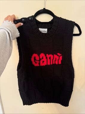 Ganni Black Knit Vest with Red Logo Size Small has been worn